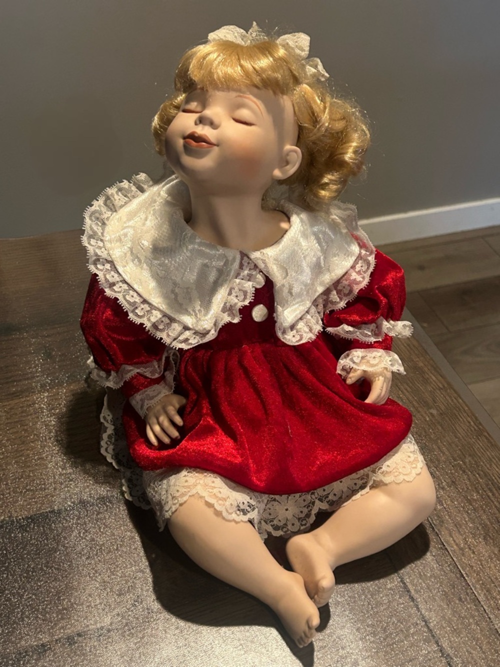 Red Dress Porcelain Girl Doll with Lace Collar